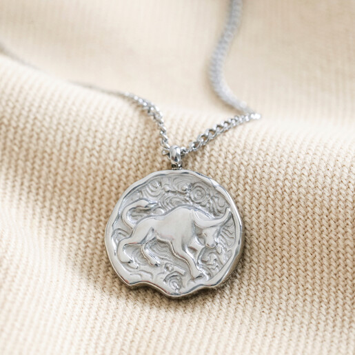 Stainless Steel Taurus Pendant Necklace  Stainless Steel Taurus Pendant Necklace on Beige Fabric