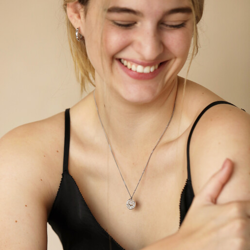 Stainless Steel Virgo Pendant Necklace on Smiling Model