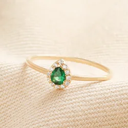 Gold Sterling Silver Green Teardrop Crystal Ring