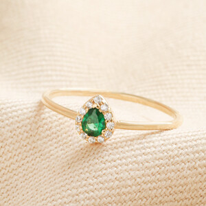Gold Sterling Silver Green Teardrop Crystal Ring 