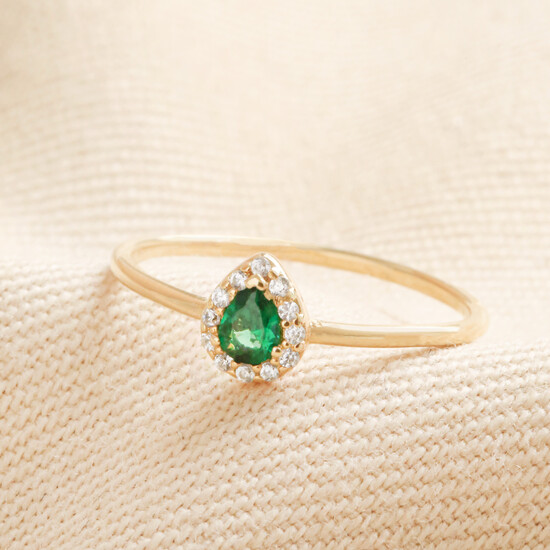 Emerald Crystal Teardrop Ring in Gold Sterling Silver S/M Size 7