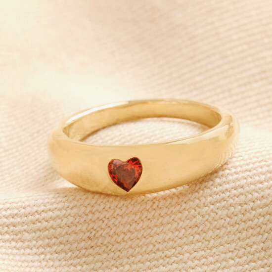 Red Crystal Heart Wide Band Ring in Gold - L/XL