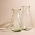 Large and Medium Glass Flower Vases Next to Each Other On Beige Background