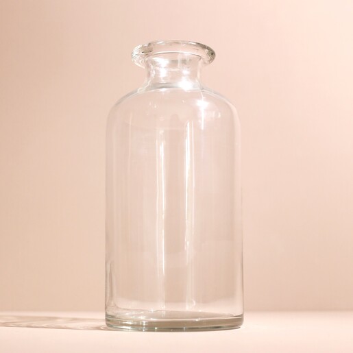 Slim Glass Flower Vase Against Beige Wall