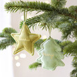 Personalised Plush Green Christmas Tree Hanging Decoration Hanging in Tree with Green Star Decoration