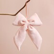 Pink Velvet Bow Hanging Decoration hanging from branch in front of pink background