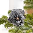 Rounded Grey Velvet Flower Clip decoration clipped onto Christmas tree