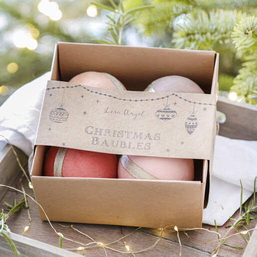 Set of 4 Velvet Baubles in Pink in packaging box
