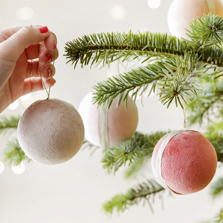 peach coloured christmas baubles