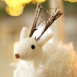 Close Up of Face on Snowy White Reindeer Ornament