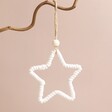 Woven Rope Star Hanging Decoration hanging from tree branch against neutral background
