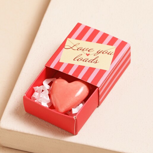Tiny Matchbox Love You Ceramic Heart Token in Box on Beige Surface