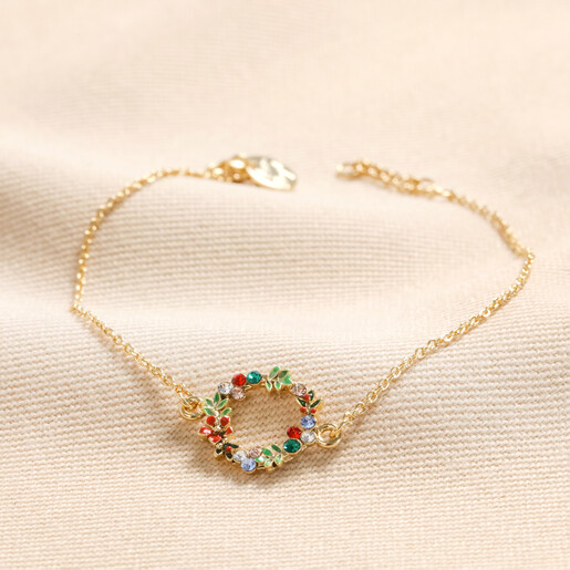 Colourful Crystal Wreath Charm Bracelet in Gold on Beige Fabric