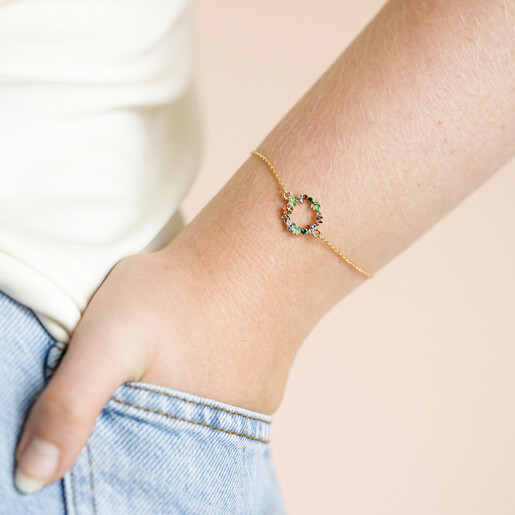 Model Wearing Colourful Crystal Wreath Charm Bracelet in Gold