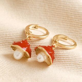 Pearl and Enamel Toadstool Huggie Hoop Earrings in Gold