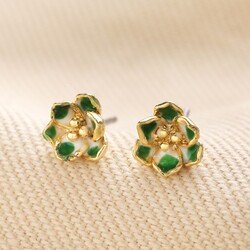 Green Enamel Flower Stud Earrings in Gold