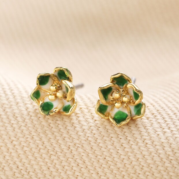 Green Enamel Flower Stud Earrings in Gold Green Enamel Flower Stud Earrings in Gold