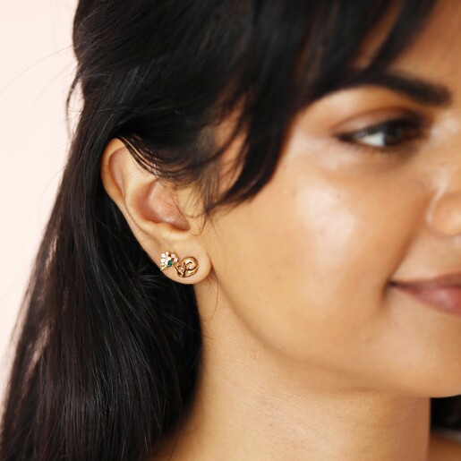 Earrings on Model Set of Four Enamel Woodland Stud Earrings in Gold on Model