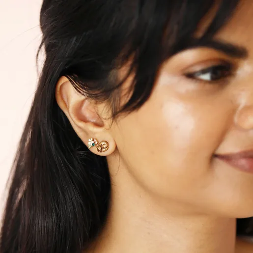 Set of Four Enamel Woodland Stud Earrings in Gold on Model