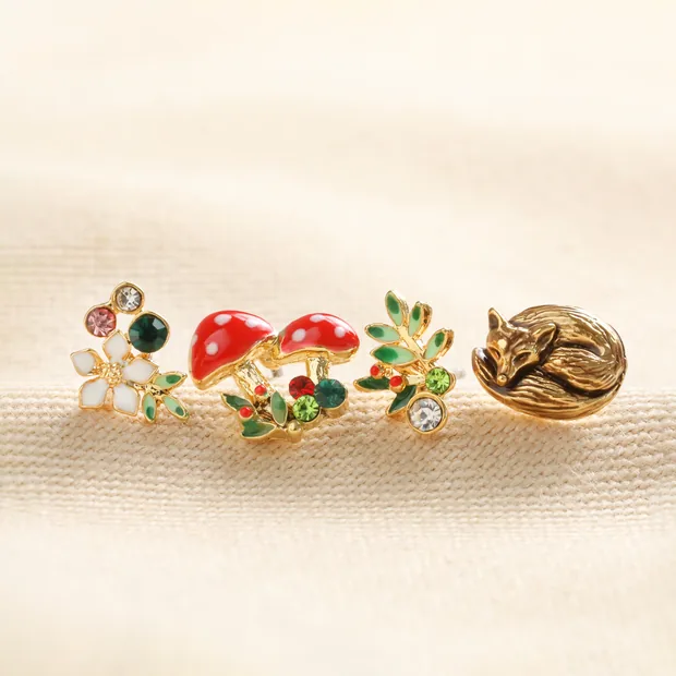 Set of Four Enamel Woodland Stud Earrings in Gold Set of Four Enamel Woodland Stud Earrings in Gold on a White Surface