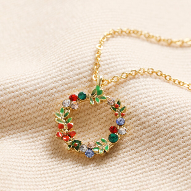 Colourful Crystal Wreath Pendant Necklace in Gold