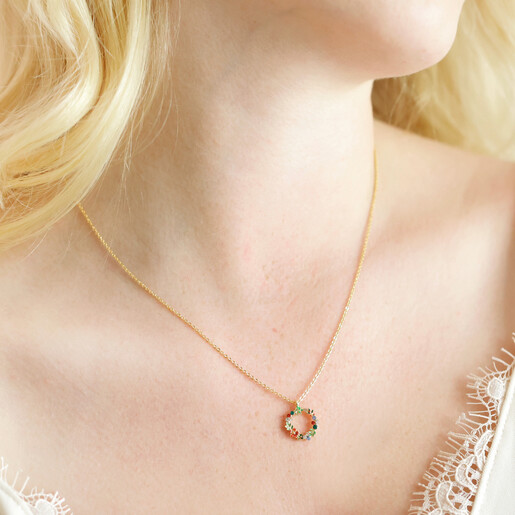 Model Wearing Colourful Crystal Wreath Pendant Necklace in Gold