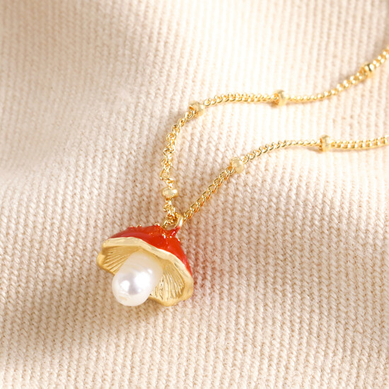 Pearl and Enamel Toadstool Charm Necklace in Gold