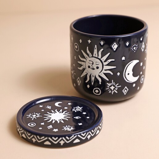 Midnight Blue Sun and Moon Planter and Tray Midnight Blue Sun and Moon Planter and Tray on beige coloured backdrop