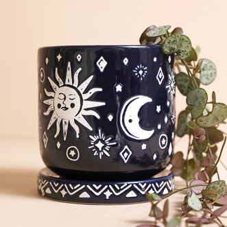 Midnight Blue Sun and Moon Planter and Tray