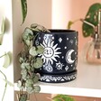 Midnight Blue Sun and Moon Planter and Tray with plant inside on top of white shelf with mister in background