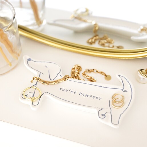 Lifestyle Shot of Trinket Dish Sausage Dog Quote Trinket Dish on top of white backdrop with jewellery inside