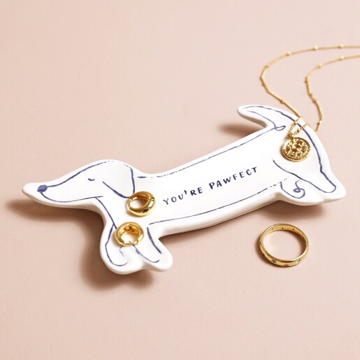 Sausage Dog Quote Trinket Dish Sausage Dog Quote Trinket Dish on top of beige backdrop with jewellery inside