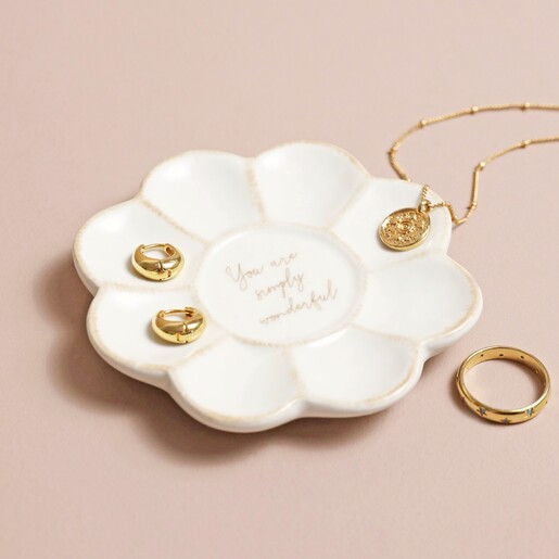 You Are Wonderful Flower Trinket Dish You Are Wonderful Flower Trinket Dish with Jewellery on Top of Pink Surface