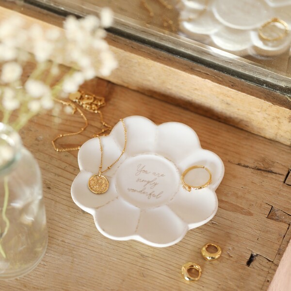 You Are Wonderful Flower Trinket Dish on top of natural coloured surface with gold jewellery inside