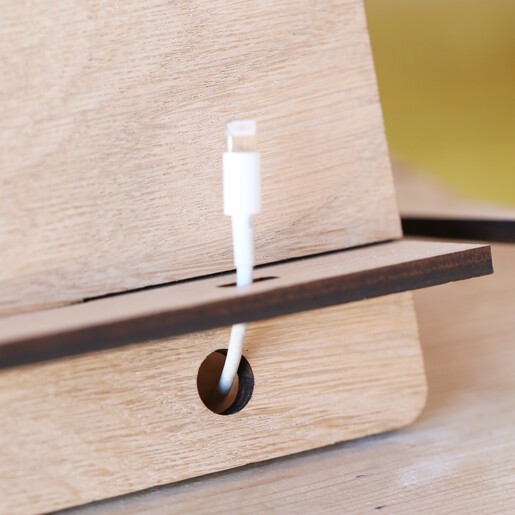 Close Up of Charger hole on Personalised Message Wooden Accessory Stand