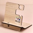 Empty Personalised Photo Wooden Phone Accessory Stand on Pink Surface