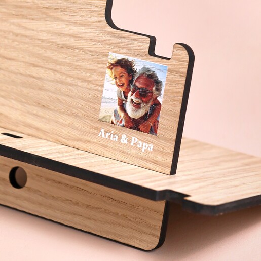 Personalised Photo Wooden Phone Accessory Stand Close Up of Personalisation on Personalised Photo Wooden Phone Accessory Stand on Beige Surface