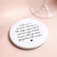 Friend Quote Ceramic Coaster on plain pink surface