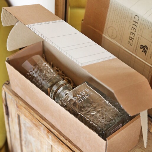 Decanter and glass from Personalised Whisky Glass and Decanter Set inside open box
