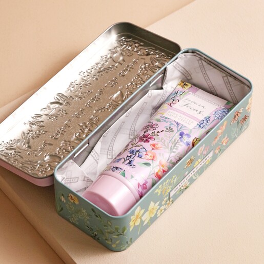 Flower of Focus Power Through Shea Butter Hand Cream Tin Open with Product Inside 