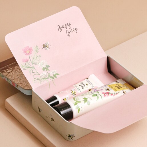 Heathcote & Ivory Busy Bees Vegan Honey Hand & Lip Tin Open with Products Visible