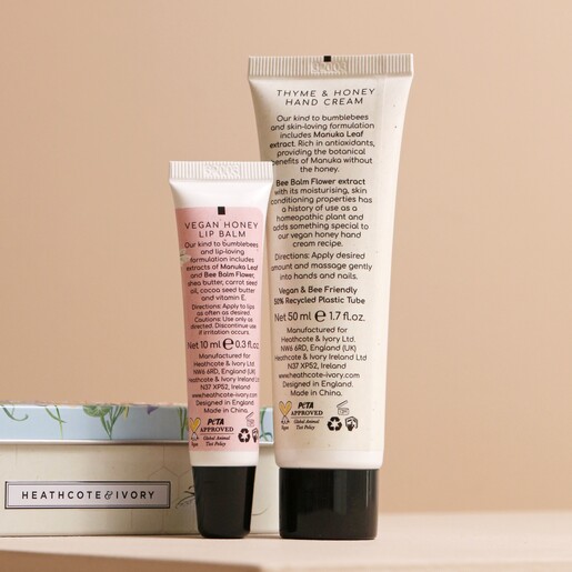 Heathcote & Ivory Busy Bees Vegan Honey Hand & Lip Tin Up Close of Product Label 