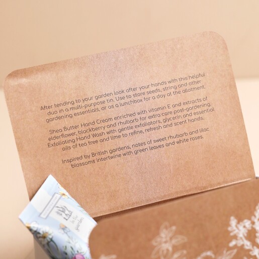 Inside of Packaging Inside of Card packing inside Tin, with Note inside In The Garden Vegan Hand Care and Essentials Tin