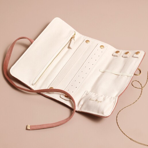 Dusky Pink Velvet Jewellery Roll empty on beige background
