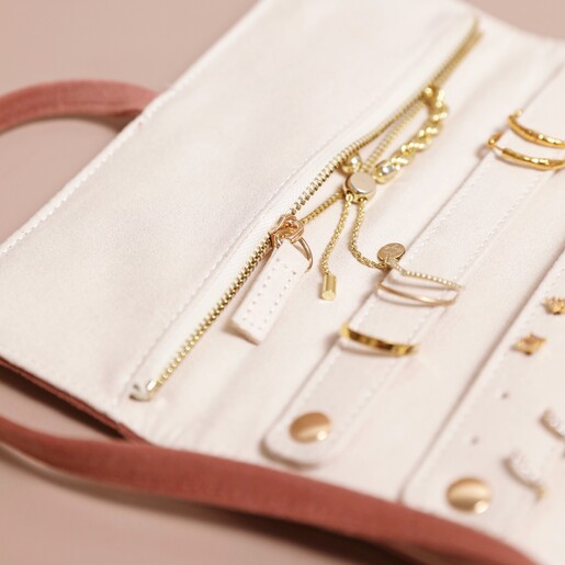 Close Up of Dusky Pink Velvet Jewellery Roll Ring Section with jewellery inside