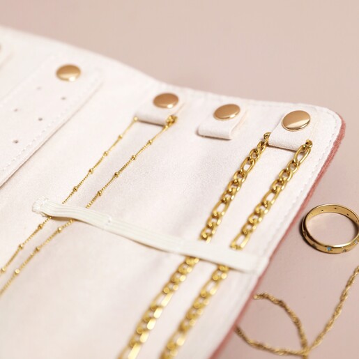 Close Up of Dusky Pink Velvet Jewellery Roll Necklace Section with Gold Jewellery inside 