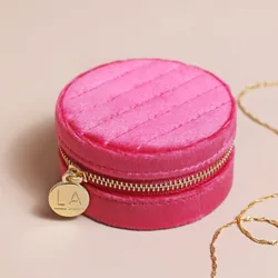 Quilted Velvet Mini Round Travel Jewellery Case in Pink