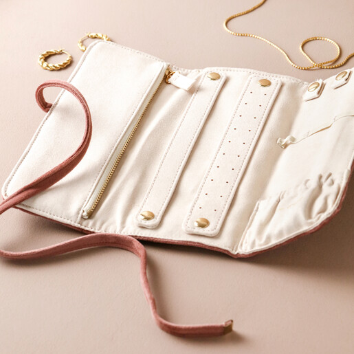Cream interior in Personalised Dusky Pink Velvet Jewellery Roll