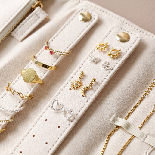 Close up of rings and studs inside Personalised Dusky Pink Velvet Jewellery Roll