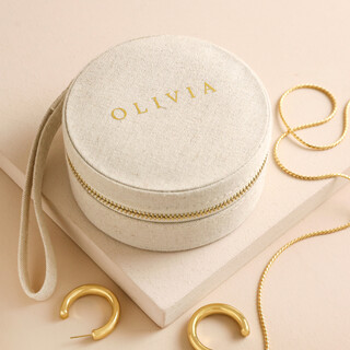 Personalised Round Natural Linen Jewellery Case